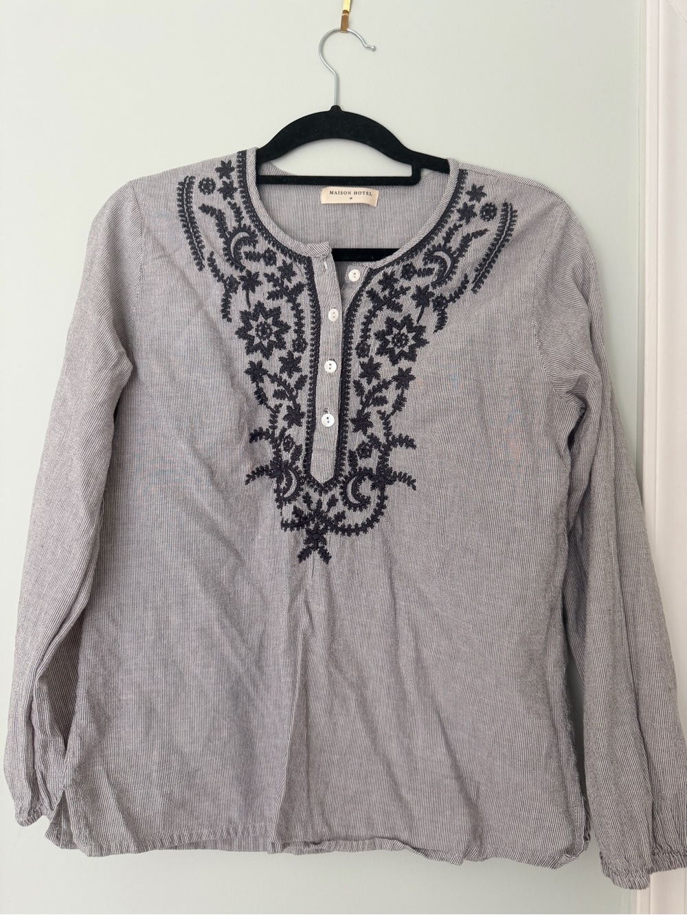 Maison Hotel Gray Embroidered Long-Sleeve Blouse